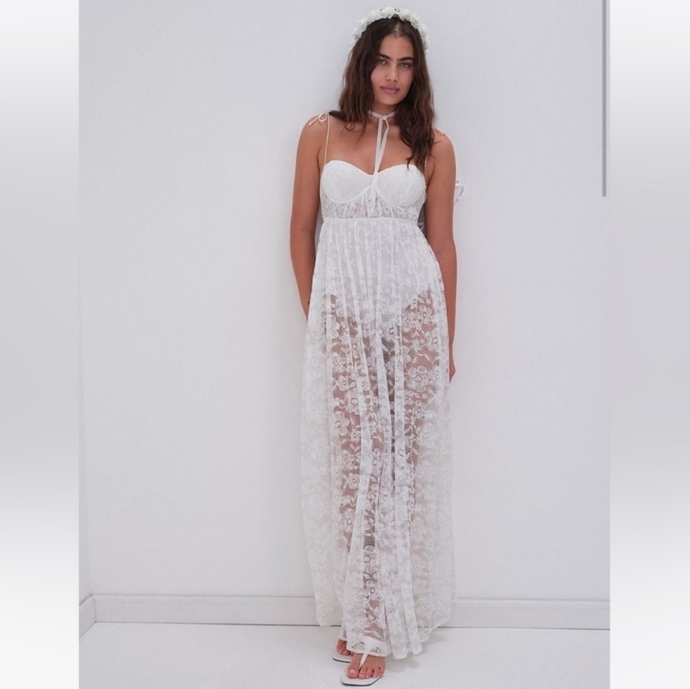 New For love & lemons lorena lace sheer maxi dress